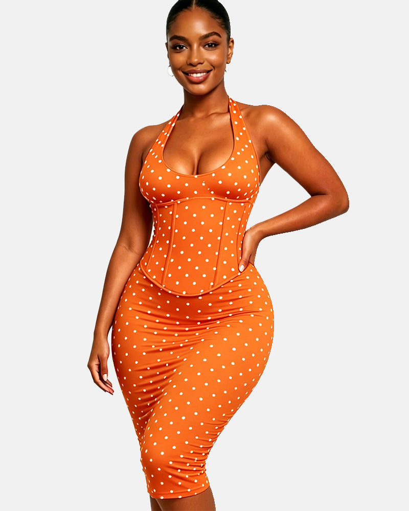 Polka Dot Hourgalss Corset Halter Midi Dress with Lace-Up Back Two-Piece Set