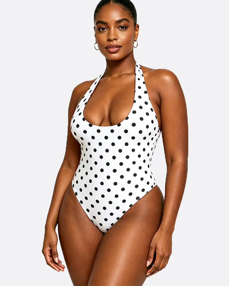 Polka dot halter neck bodycon one-piece swimsuit with straps