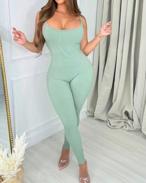 Sexy gerippter figurformender Jumpsuit mit tiefem Rückenausschnitt und Camisole Ausschnitt