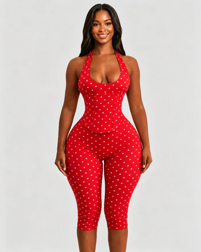 Hourglass Figure Body Shaper Waist Cincher Polka Dot Capri Jumpsuit Two-Piece Set