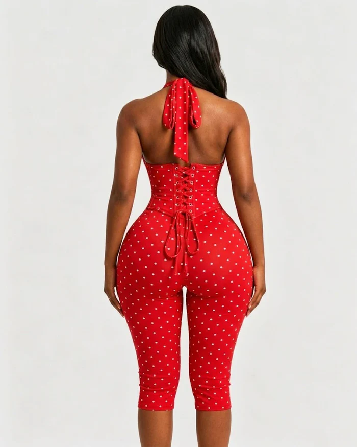 Hourglass Figure Body Shaper Waist Cincher Polka Dot Capri Jumpsuit Two-Piece Set