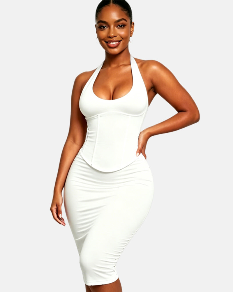 Polka Dot Hourgalss Corset Halter Midi Dress with Lace-Up Back Two-Piece Set