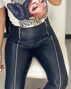 Sexy Dehnbare Leggings aus Kunstleder mit Zweireihigem Reißverschluss (Pre-Sale)