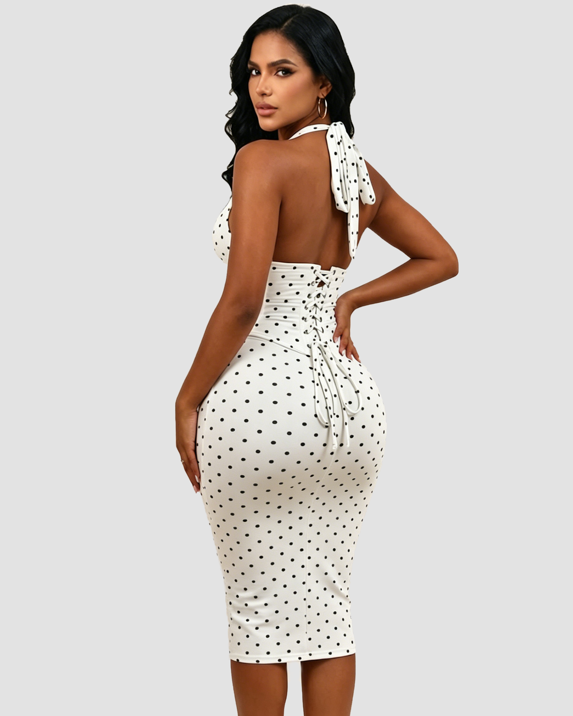 Polka Dot Hourgalss Corset Halter Midi Dress with Lace-Up Back Two-Piece Set
