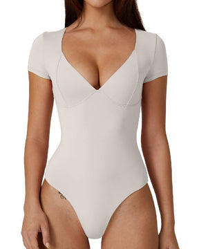 Damen V-Ausschnitt Kurzarm Doppellagige Naht-Cups Oberteil Bodysuit