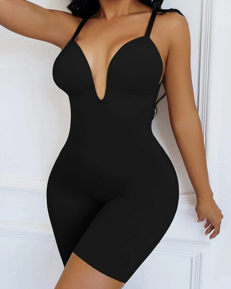 Nahtloser solide Farbe Bügel V Rückenfrei Shapewear Bodysuit