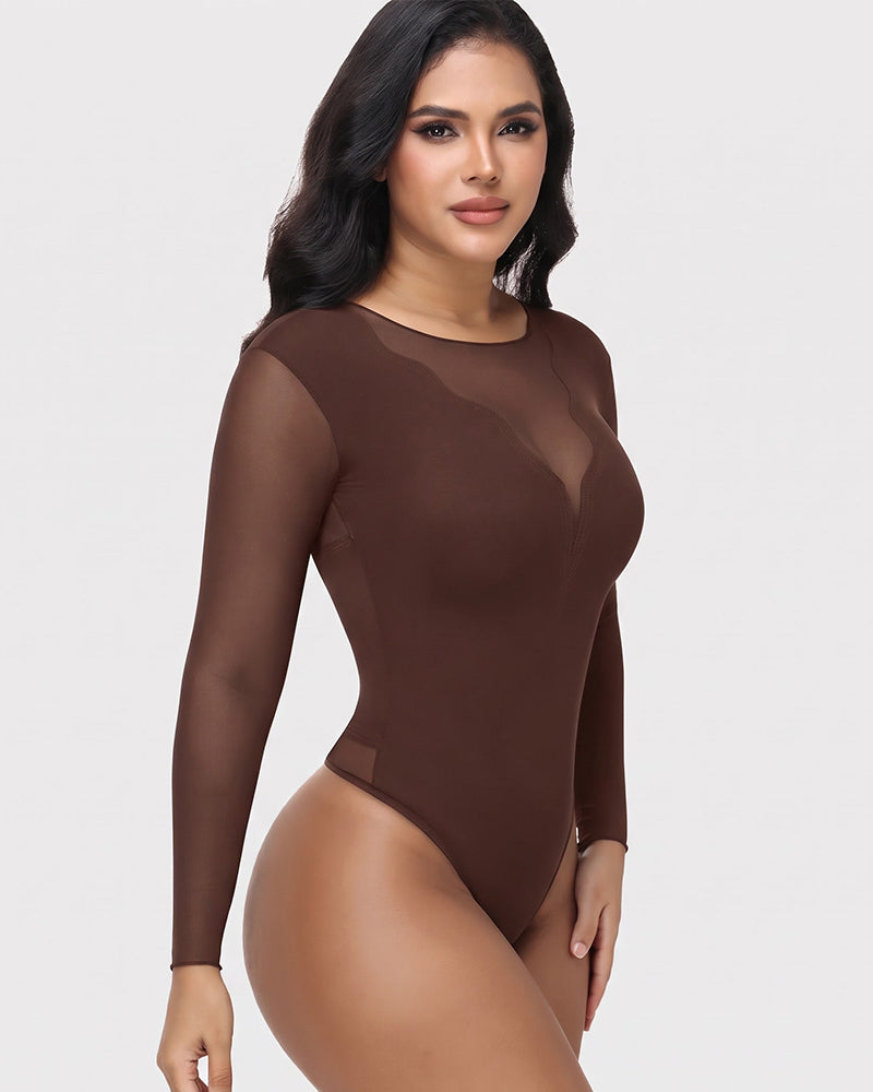 Shapshe® Sheer Mesh Long Sleeve Tummy Control Thong Shaping Bodysuit
