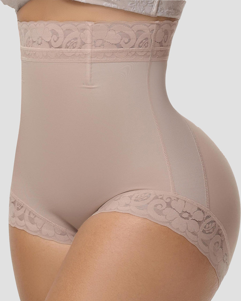 Seamless High Rise Lace Trimmed Tummy Tuck Shaping Shorts