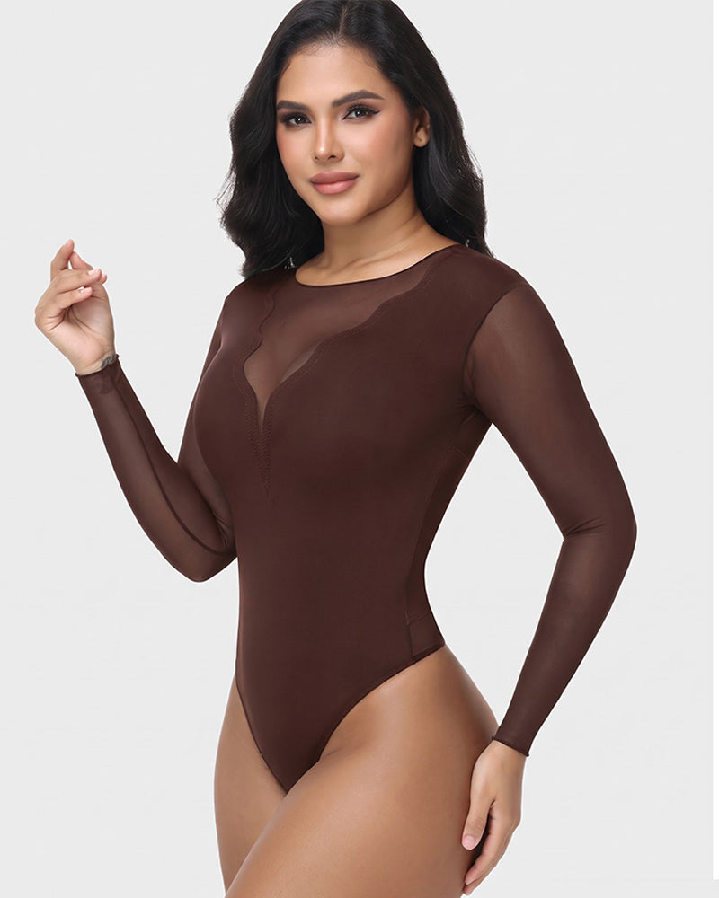 Shapshe® Sheer Mesh Long Sleeve Tummy Control Thong Shaping Bodysuit