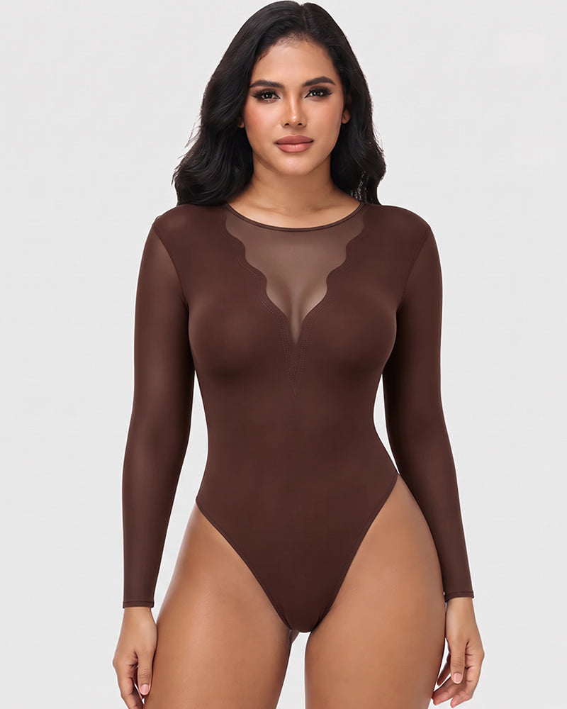 Shapshe® Sheer Mesh Long Sleeve Tummy Control Thong Shaping Bodysuit