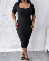 Integriertem Shapewear Kurzarm Quadrat-Ausschnitt Schmal Midi Kleid