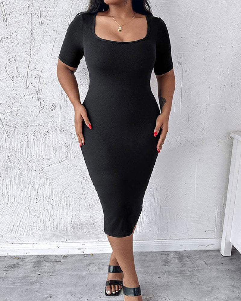 Integriertem Shapewear Kurzarm Quadrat-Ausschnitt Schmal Midi Kleid