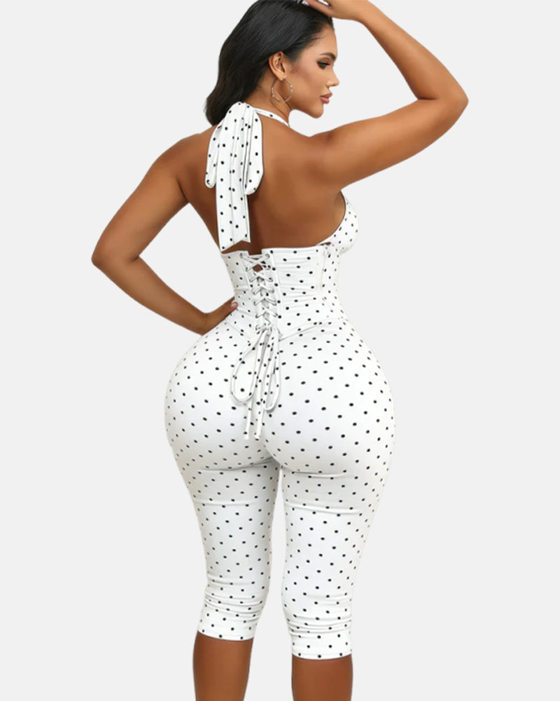 Hourglass Figure Body Shaper Waist Cincher Polka Dot Capri Jumpsuit Two-Piece Set