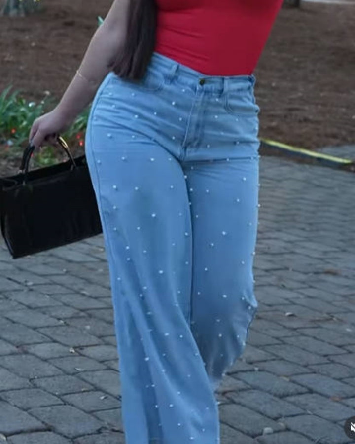 Stylische Verwaschene High Waist Wide Leg Jeans mit Perlennieten (Vorverkauf)