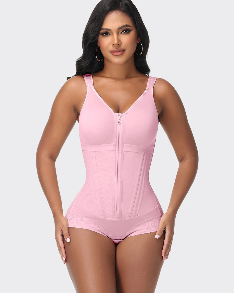 Double-Layer PowerMesh Hourglass Tummy Sculpt Zipper Bodysuit With Bra