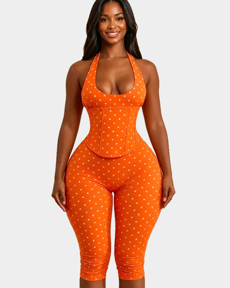 Hourglass Figure Body Shaper Waist Cincher Polka Dot Capri Jumpsuit Two-Piece Set