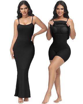 Damen 2 in 1 Spaghetti Langes Shapewear Kleid Bauchweg Ärmelloses Figurbetontes Kleid