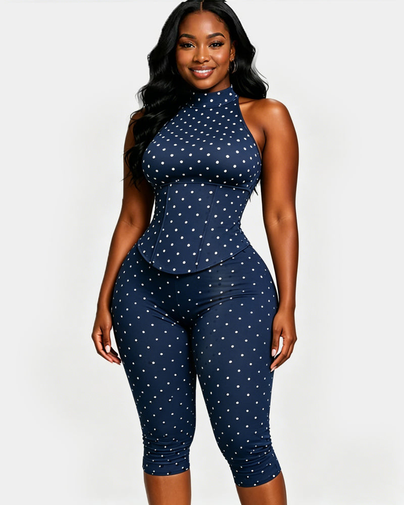 Polka Dot Halter Neck Backless Slim-Fit Stretch Capri Jumpsuit