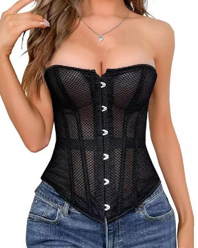 Damen Schnürung 12 Knochen Überbrust Korsett Bandeau Top Trägerlos Push-Up Bustier Dessous