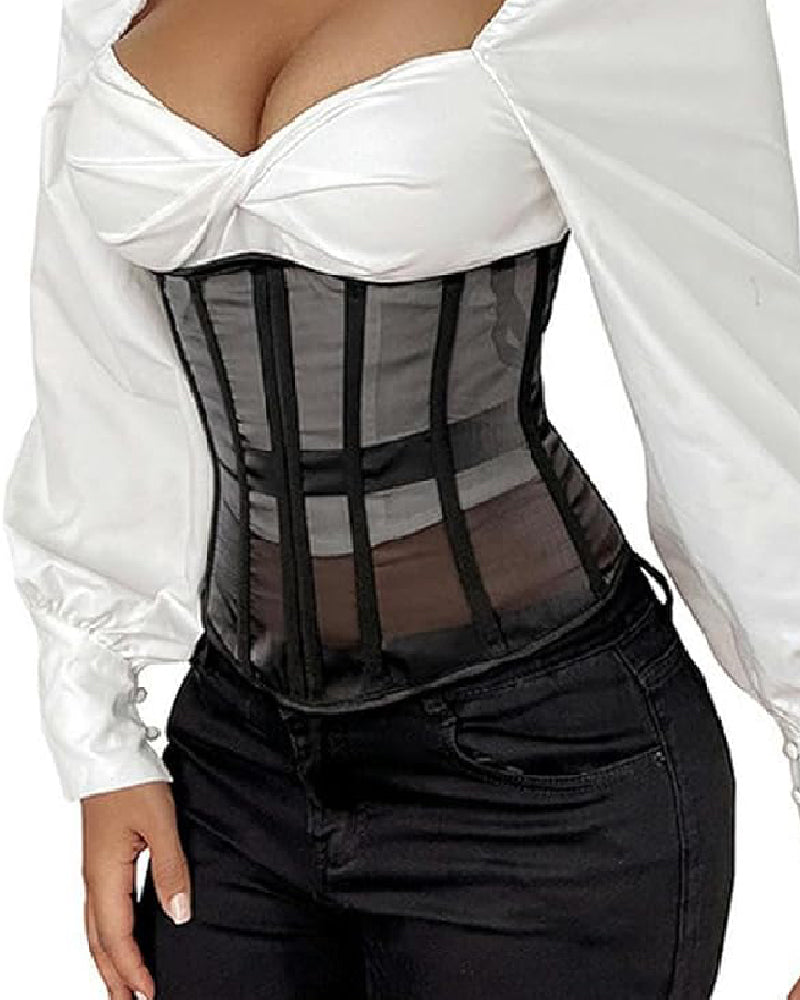 Damen Sexy Transparentes Mesh Unterbrust Korsett Vintage Schnürung Bustier Top