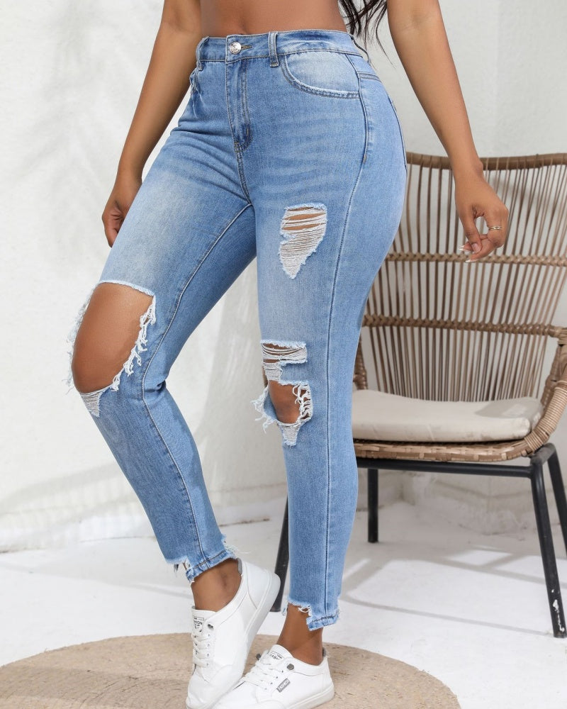 Verwaschene Zerrissene Schmale Hoch Taillierte Elastische Retro-Skinny-Jeans für Damen