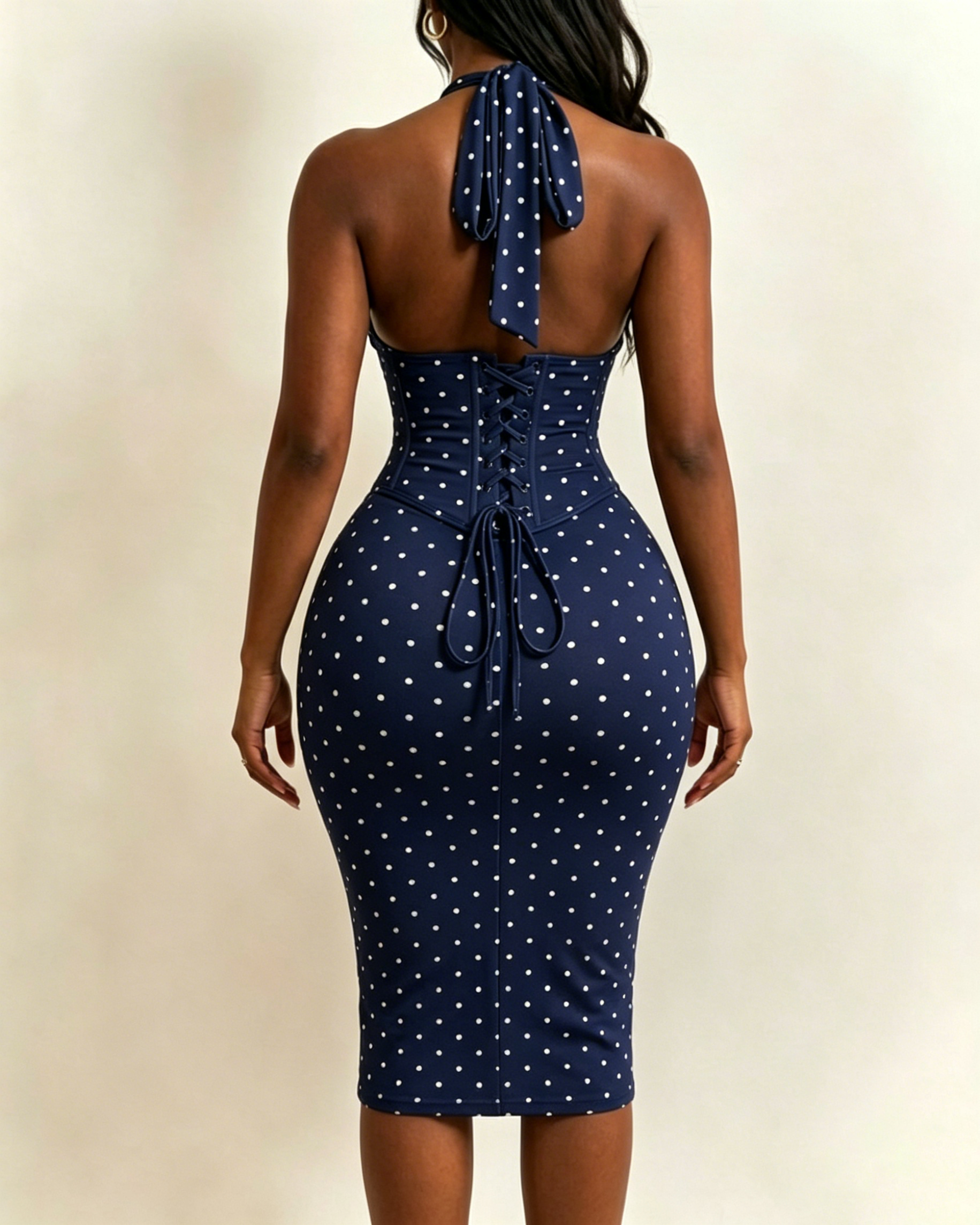 Polka Dot Hourgalss Corset Halter Midi Dress with Lace-Up Back Two-Piece Set