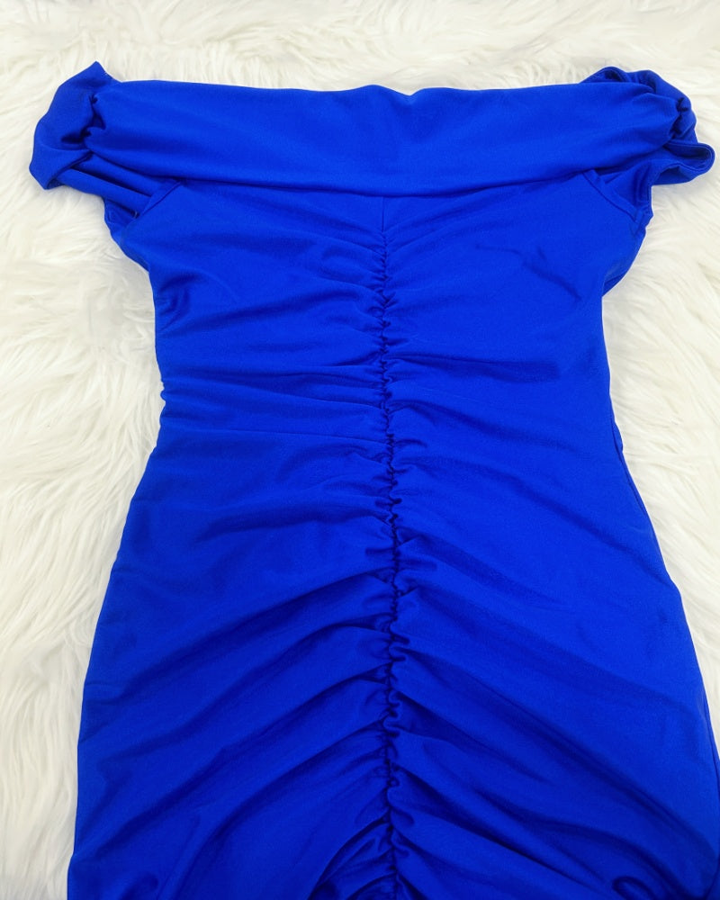 Schulterfreies Maxikleid V Ausschnitt Rüschen Seitenschlitz