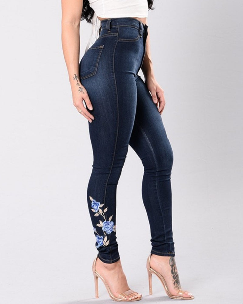 Slim-Fit-Jeans mit Hoher Taille und Stickerei