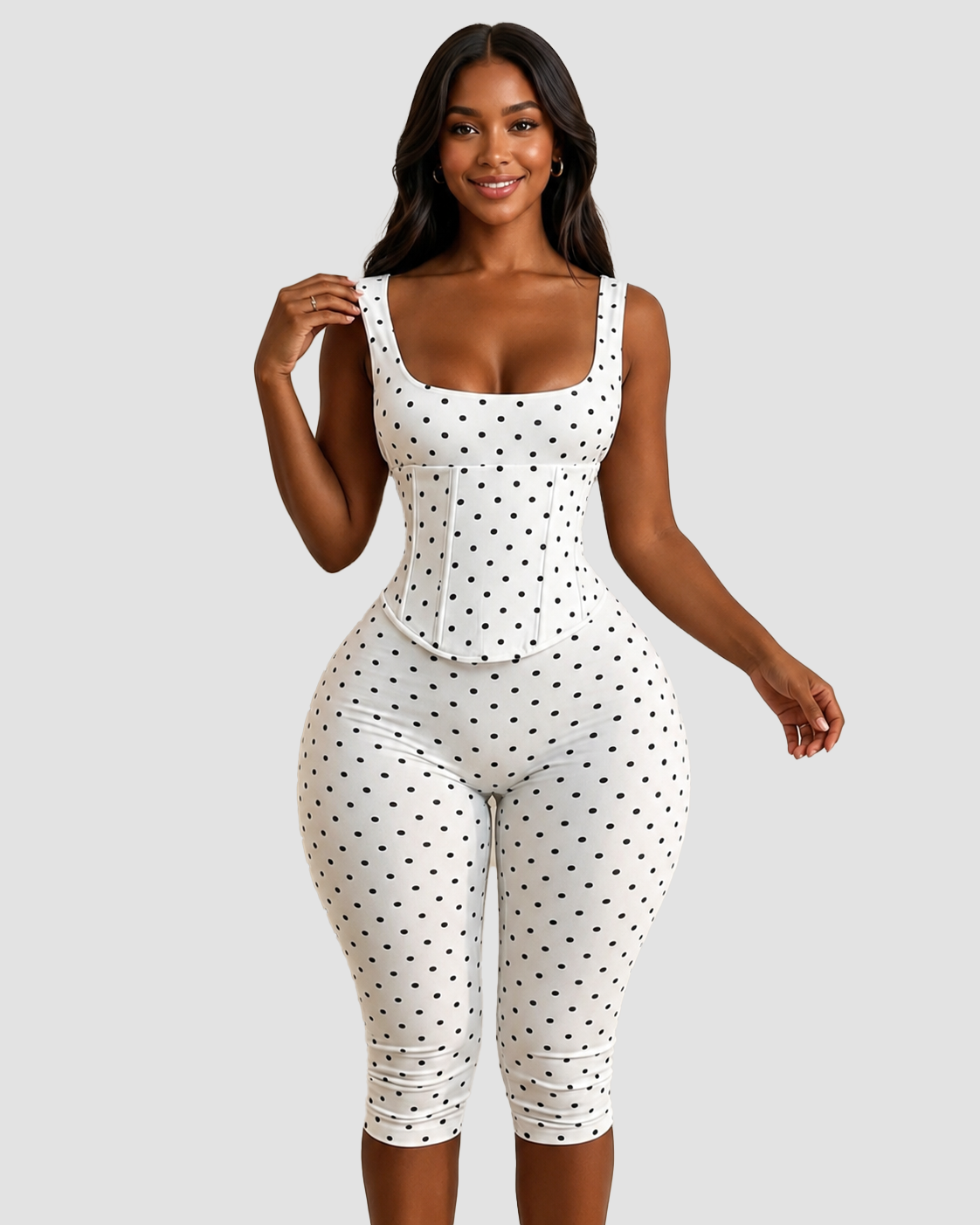 Polka Dot Square Neck Capri Jumpsuit with Hourglass Detachable Corset Two-Piece Set