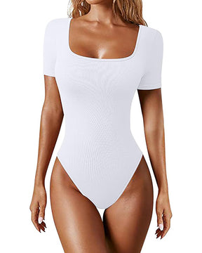 Damen Sexy Gerippter Eckigem Ausschnitt Kurzärmeliger Quadratischer Kragen Tanga Bauchweg Bodysuit