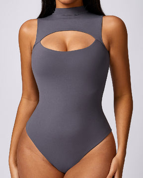 Hochkragen Hohlbrust Tanga Druckknopf Schritt Ärmelloses Glattes Bodysuit Shapewear