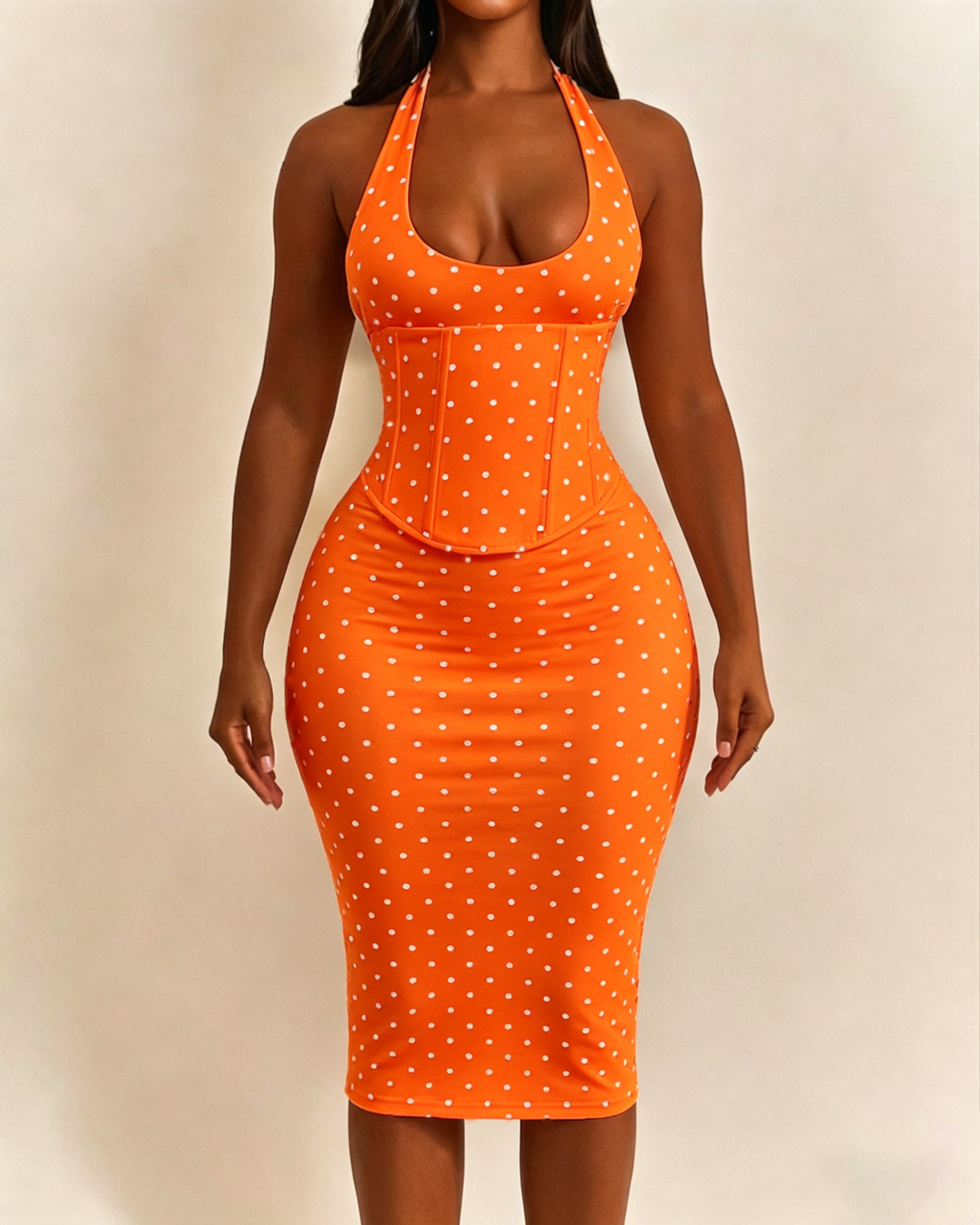 Polka Dot Hourgalss Corset Halter Midi Dress with Lace-Up Back Two-Piece Set