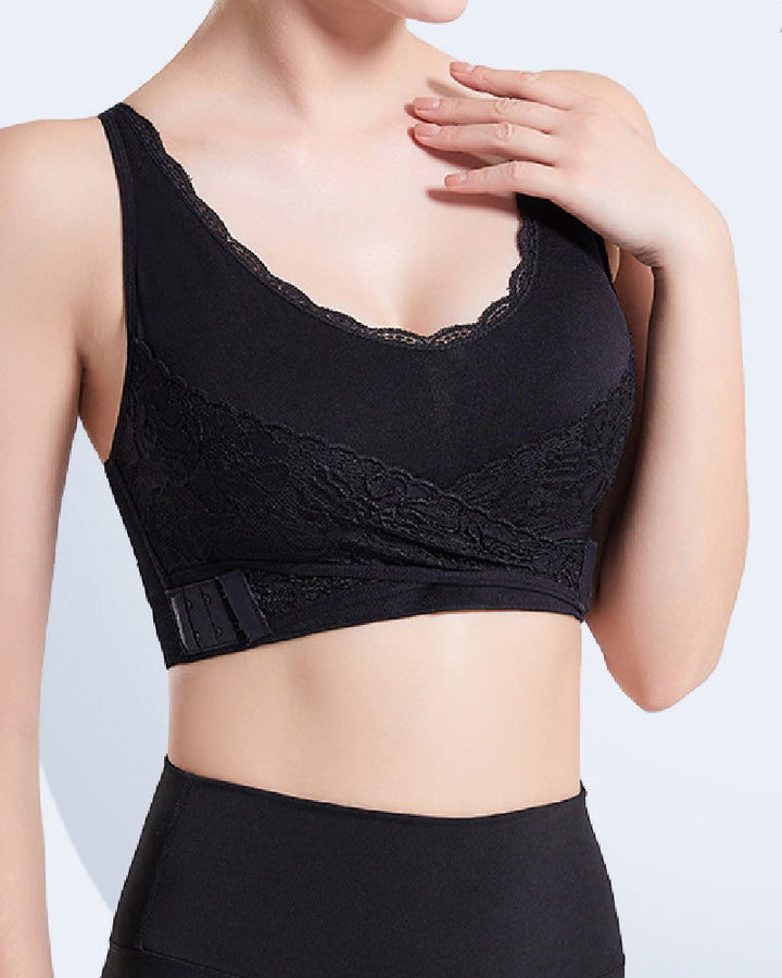 Vorne Kreuzen Verstellbarer Seitlicher Schnalle Spitzen BH Bequemer Sport Push-Up BH