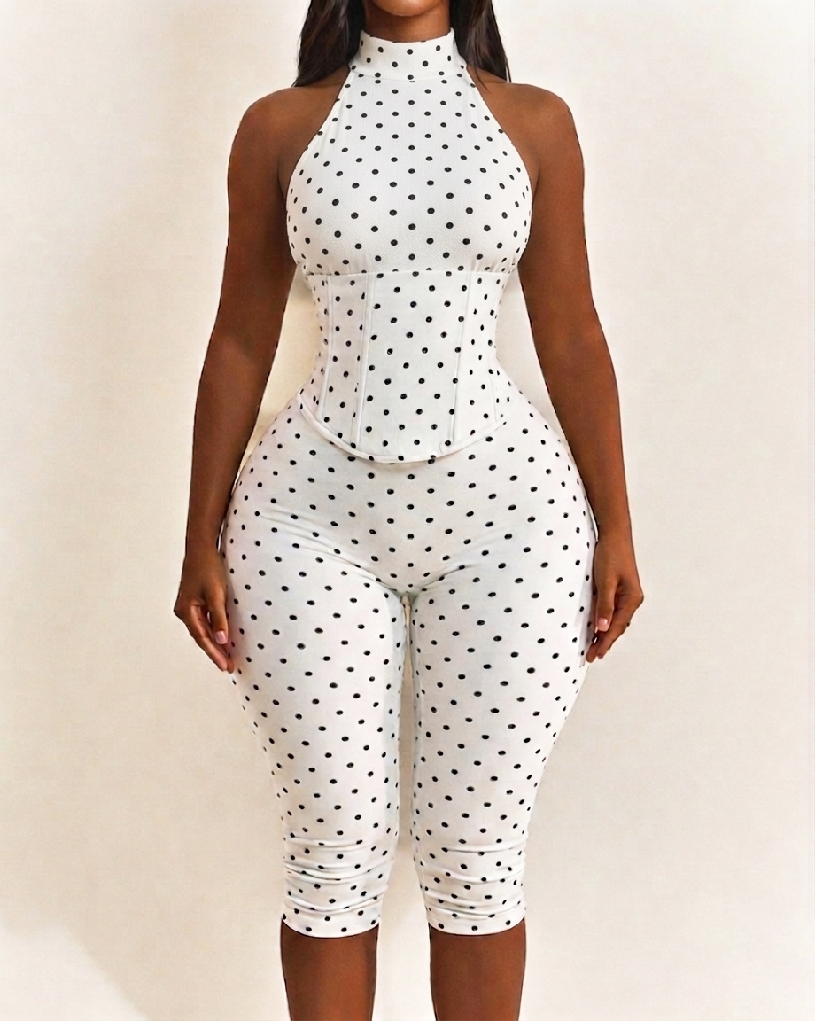 Polka Dot Halter Neck Backless Slim-Fit Stretch Capri Jumpsuit