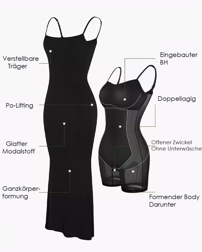 Damen 2 in 1 Spaghetti Langes Shapewear Kleid Bauchweg Ärmelloses Figurbetontes Kleid