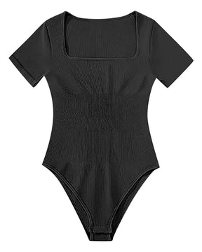 Damen Sexy Gerippter Eckigem Ausschnitt Kurzärmeliger Quadratischer Kragen Tanga Bauchweg Bodysuit