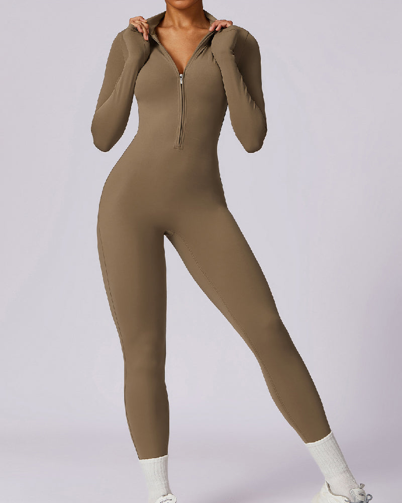 Einteiliger Athleisure Jumpsuit Lange Ärmel Frontreißverschluss Voll Bodysuit