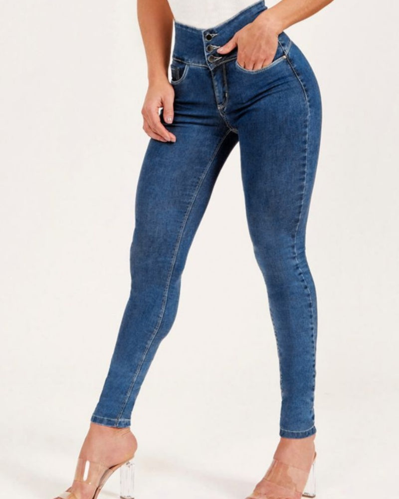 Sexy Skinny Jeans mit Hoher Taille und Schmaler Passform und Mehreren Knöpfen