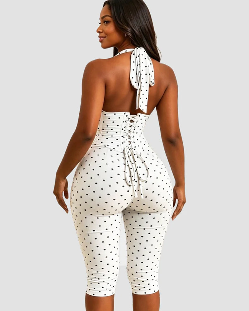 Hourglass Figure Body Shaper Waist Cincher Polka Dot Capri Jumpsuit Two-Piece Set