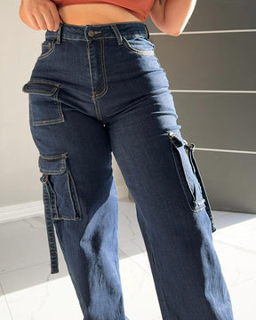 Damen Hohe Taille Cargo Jeans Weitem Bein Lässige Flaschentaschen Hose