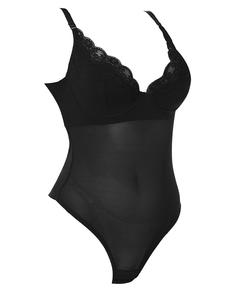 Damen Mesh Rückenfrei Body Atmungsaktiver Vollbusiger Spitzen Tanga Abendkleid Shapewear