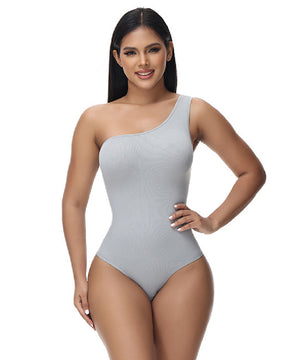 Sexy Geripptes Ein-Schulter Ärmelloses Tanktop Enger Stretch Bodysuit