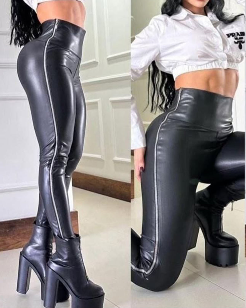 Kurvige Hoch Taillierte Sexy Lederhose für Damen mit Seitlichem Reißverschluss (Vorverkauf)