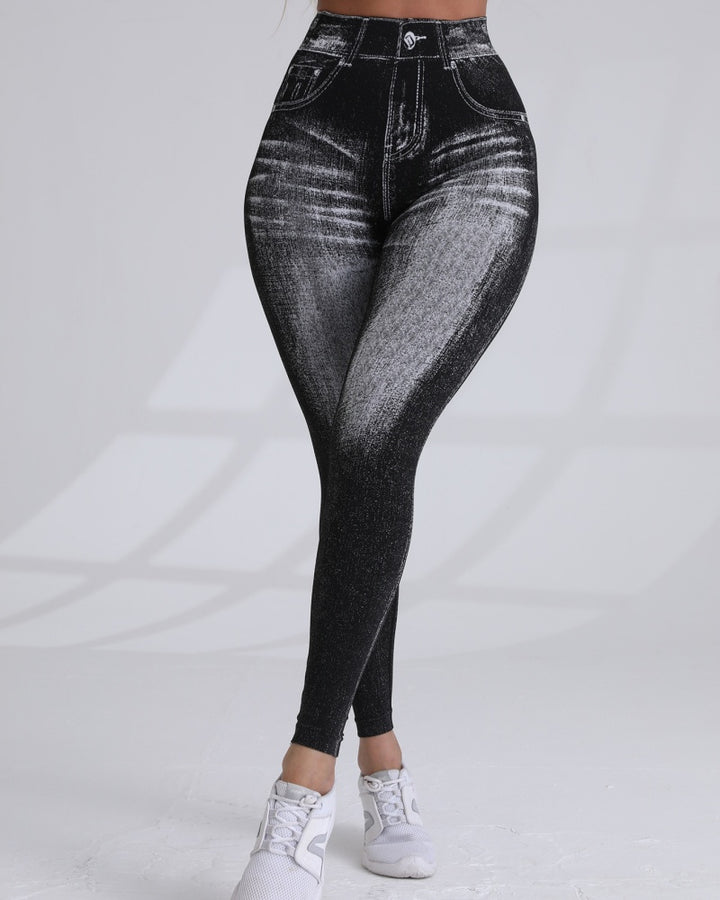 Nahtlose Gedruckt Imitation Denim Yoga Hosen frauen Quick Dry Hohe Elastische