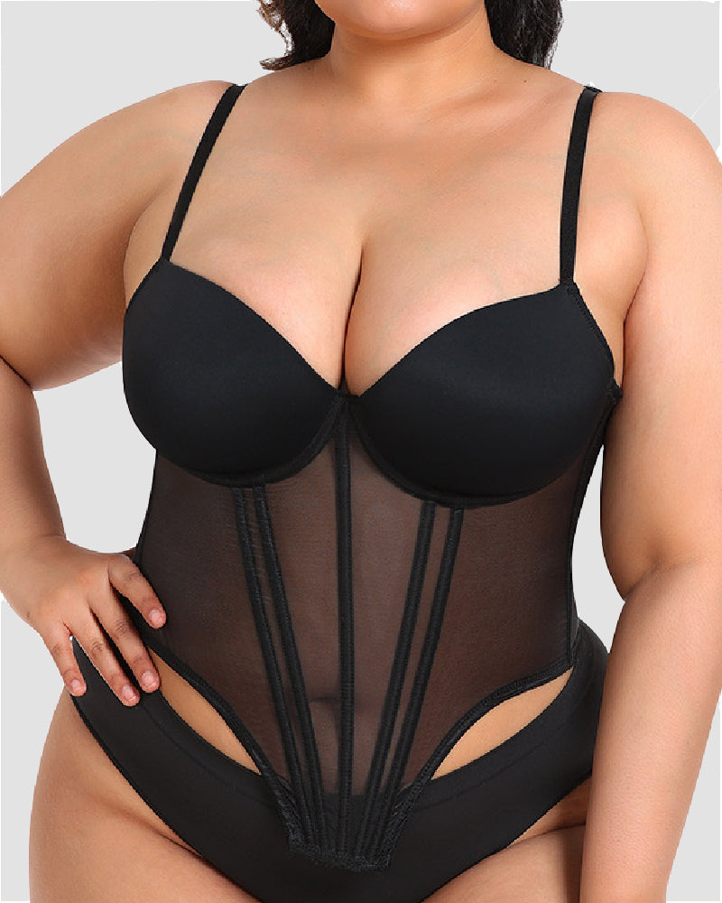 Damen Sexy Mesh Korsett Top Überbrust Bügel Stäbchen Push Up Bustier