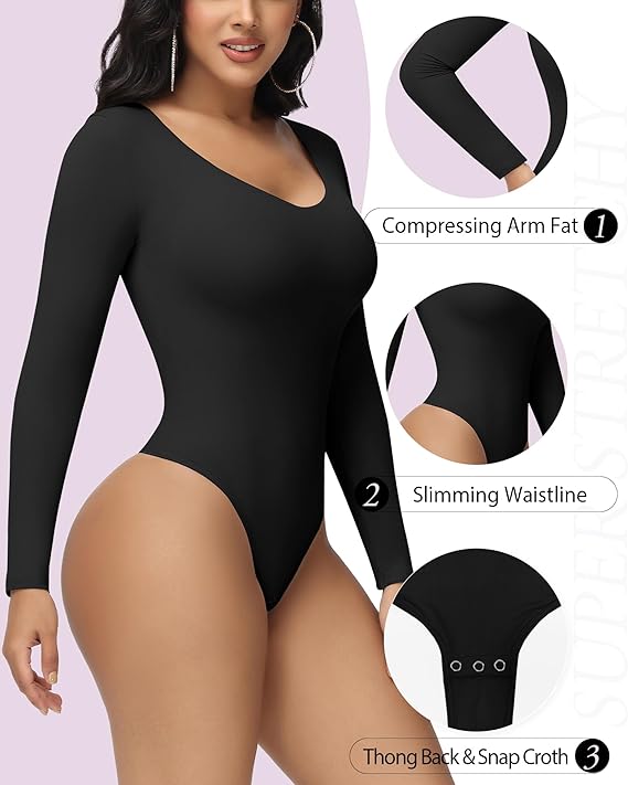 Damen Langen Ärmeln Nahtlos Bodysuit V-Ausschnitt Bauchweg Tanga Shapewear