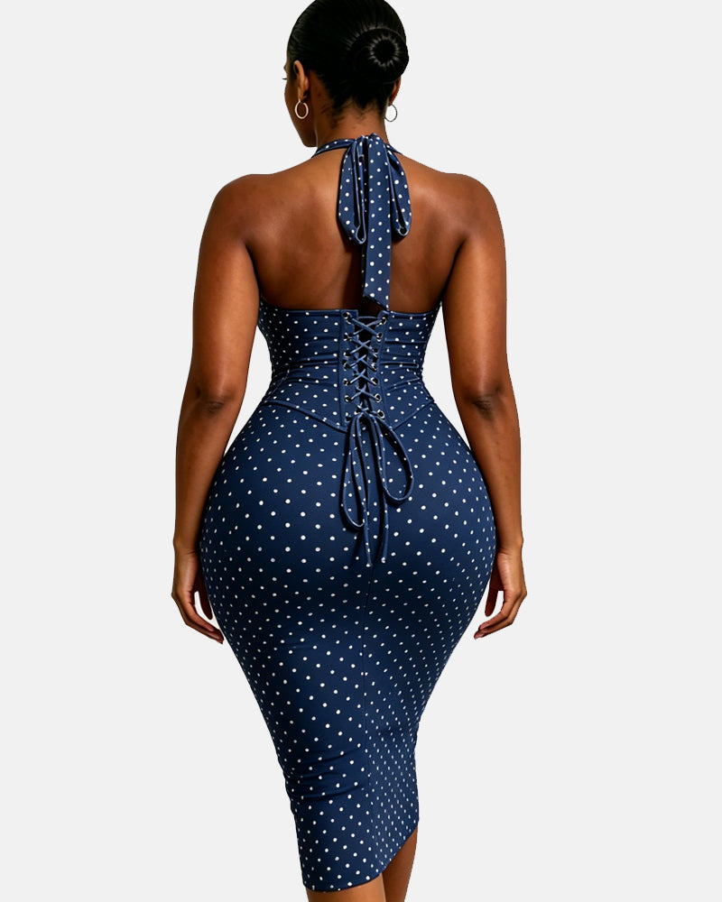 Polka Dot Hourgalss Corset Halter Midi Dress with Lace-Up Back Two-Piece Set