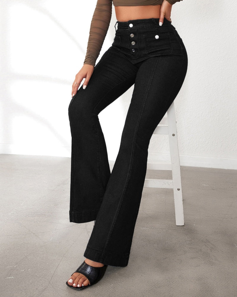 Damen Jeans mit Hoher Taille und Knopfleiste Schmaler Schnitt Ausgestellter Beinabschluss