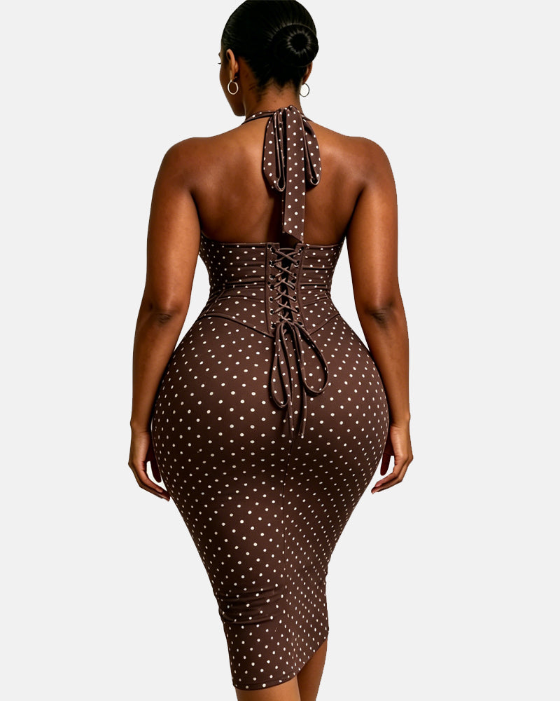 Polka Dot Hourgalss Corset Halter Midi Dress with Lace-Up Back Two-Piece Set