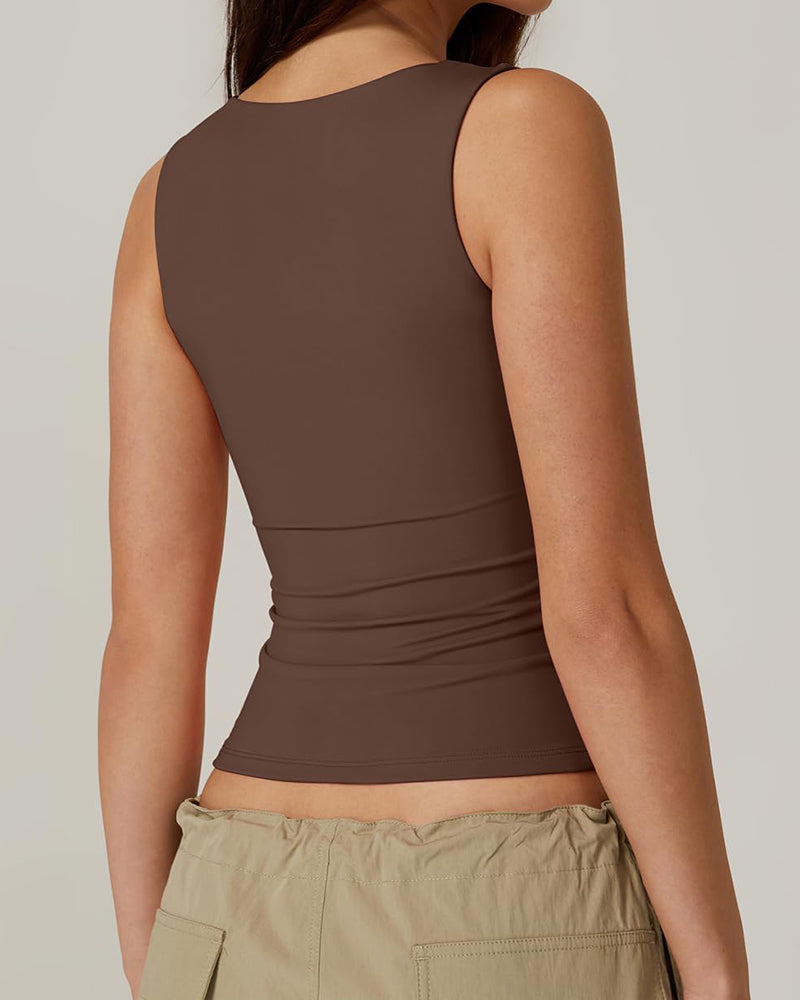 Damen Basic Quadratischem Ausschnitt Ärmellose Tanktops Doppellagig Formende Weste